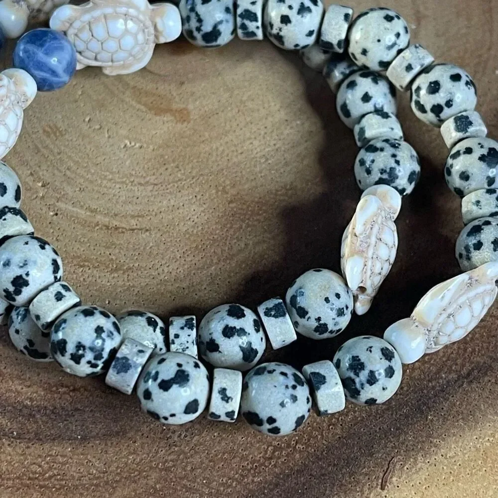 Sea turtle blue dot stone Dalmatian jasper stretch bracelet crystal beaded